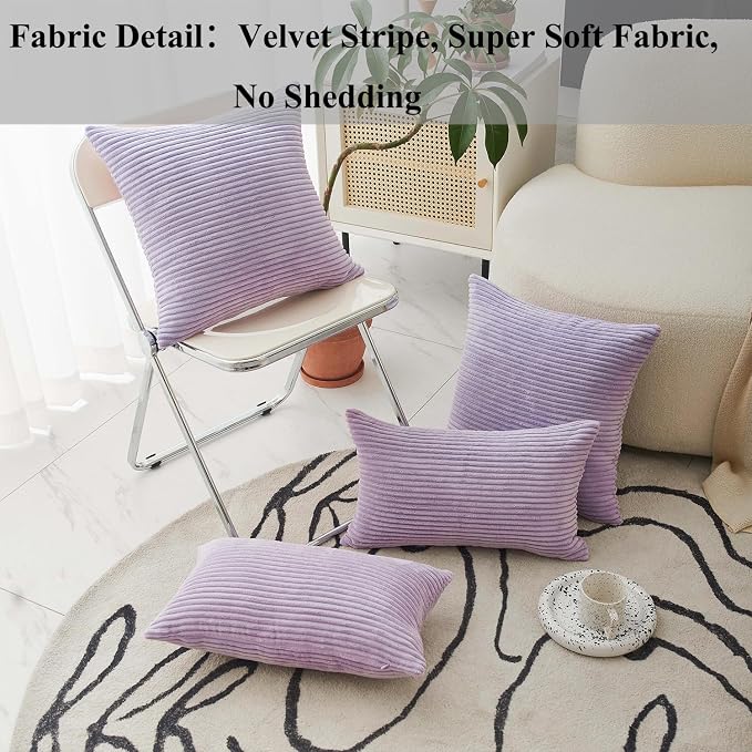 Home Brilliant Rectangle Pillow Cover Rctangle Purple Throw Pillow Solid Striped Velvet Lumber Decorative Pillowcase for Living Room, Lavender 12x20 inches(30x50 cm)