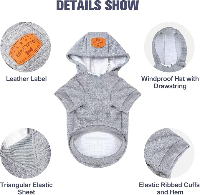 BEAUTYZOO Dog Hoodies Sweater for Small Dogs,Waffle‑Like Laminated Pet Coat | Warm Dog Sweatshirt with Pocket & Leash Hole,Pullover Clothes for Girl Boy Dogs & Cats,Stretchy & Easy‑On‑Off,Chihuahua Puppy