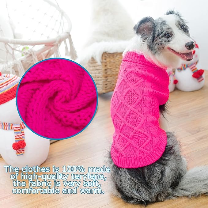 Mihachi Turtleneck Dog Sweater - Winter Coat Apparel Classic Cable Knit Clothes with Leash Hole for Cold Weather, Ideal Gift for Pet in New Year Fushcia Large
