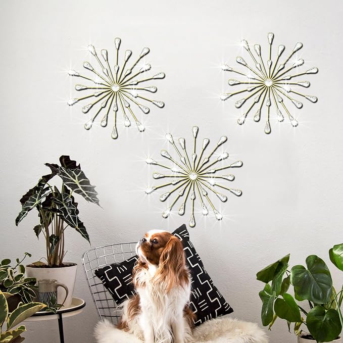ZEXUIRU 3 Set Gold Starburst Wall Art for Home Decor Metal Bling Crystal Rhinestones Sunburst Wall Decor Sparkling Rhinestone Art Accent Gold - 18in