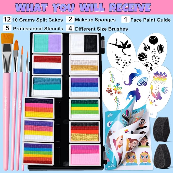 Professional Face Painting Kit for Kids Adults, Split Cake Face Paint Palette 12 x 10gm with Stencil, One Stroke Non Toxic Rainbow Face Body Paint Set Festival Makeup