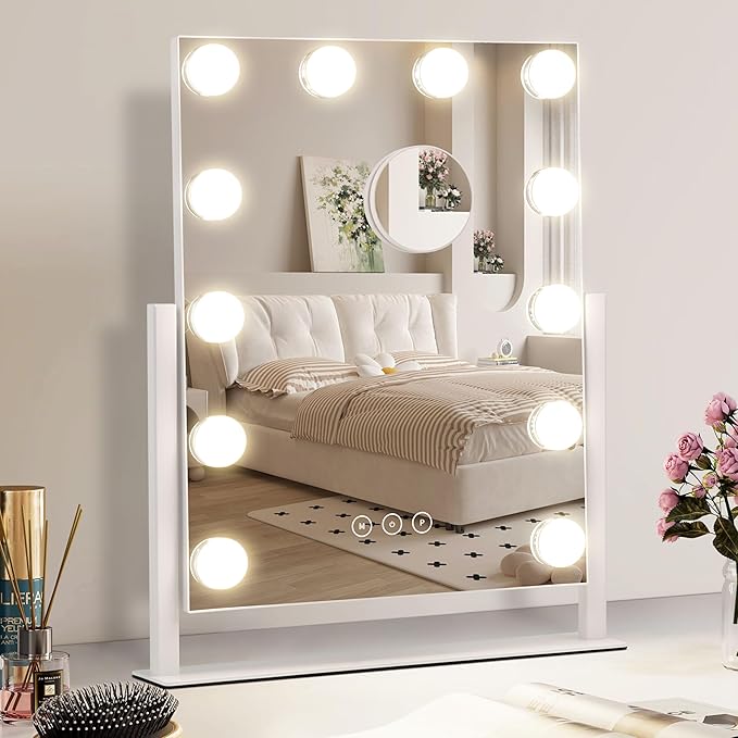 NUSVAN Vanity Makeup Mirror with Lights,3 Color Lighting Modes Detachable 10X Magnification Mirror Touch Control,360°Rotation, White (14.6Inch)