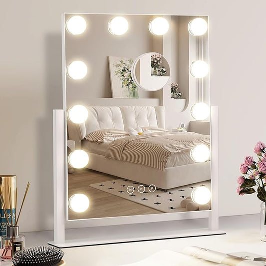 NUSVAN Vanity Makeup Mirror with Lights,3 Color Lighting Modes Detachable 10X Magnification Mirror Touch Control,360°Rotation, White (14.6Inch)
