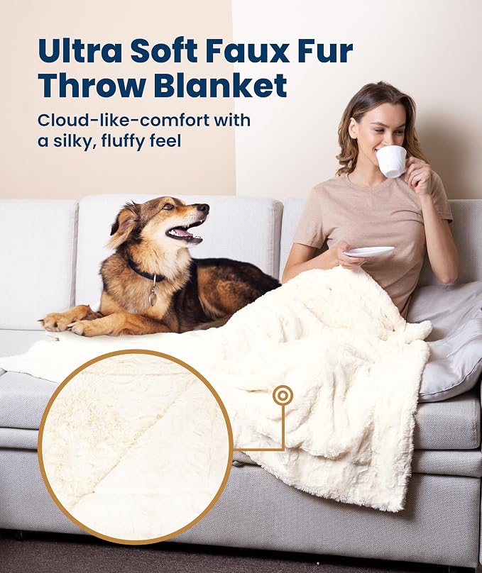 Everlasting Comfort Soft & Comfortable Ivory Faux Fur Throw Blanket for Couch - (50"x65") Minky & Fluffy Fall Blankets & Throws, Plush Fuzzy Cover for Bed, Sofa & Living Room - Cozy Home Decor