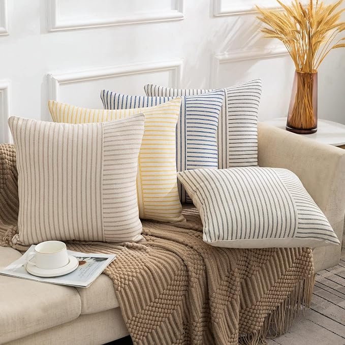 YCOLL Farmhouse Pillow Covers 22x22, Modern Accent Square Throw Pillow Covers Set of 2, Gray and Beige Striped Patchwork Linen Decorative Pillows Cushion Covers for Couch Chair Bedroom Home Decor
