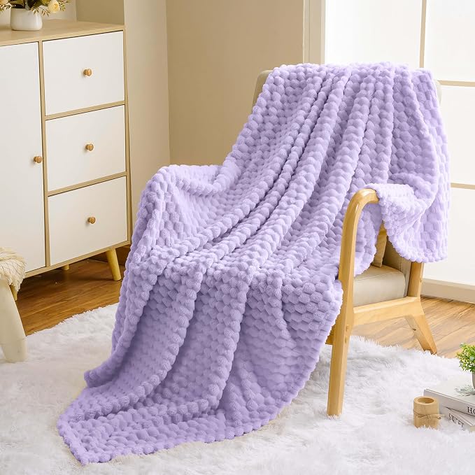 Vessia Flannel Fleece Twin Size Blanket(60x80 inch), 3D Jacquard Light Purple Fuzzy and Warm Blanket for Couch, Sofa, 300GSM Super Soft Touch Cozy Lightweight Bed Decor for All-Season