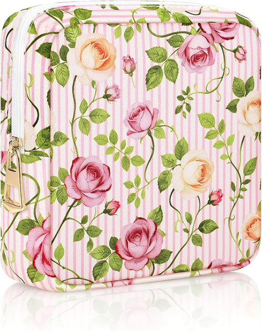 Period Bag Discreet Sanitary Napkin Storage Bags Pad Pouch | Rose Print Deisgn, Portable, Menstrual Cup & Pad Holder, First Period Kit Storage, Feminine Bag for Women