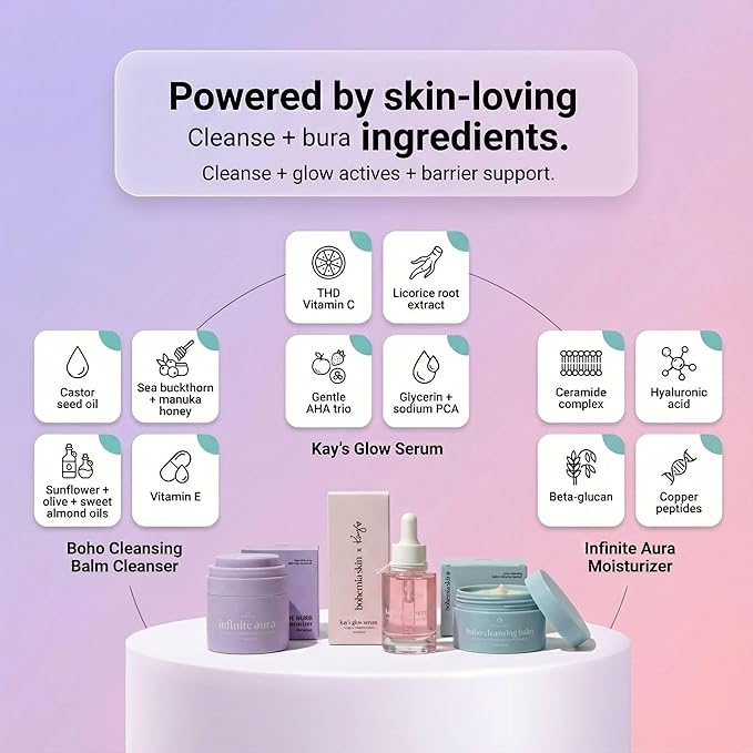 Kay’s Glow Serum + Infinite Aura Moisturizer + Boho Cleansing Balm – Oxygen-Infused THDA Vitamin C with Gentle AHA for Face and neck | Hydrates, Soothes and Brightens Bundle