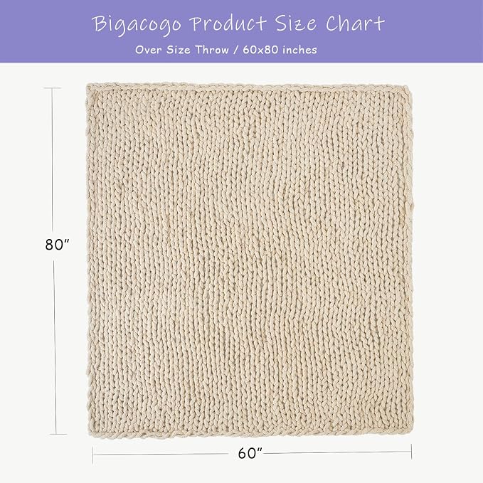 Bigacogo Chunky Knit Throw Blanket for Couch, 60x80 inches, Beige | Hand Knit with Jumbo Chenille, Soft Breathable Cable Knit for Sofa Bed Living Room, Machine Washable, Gift for Mom Friend