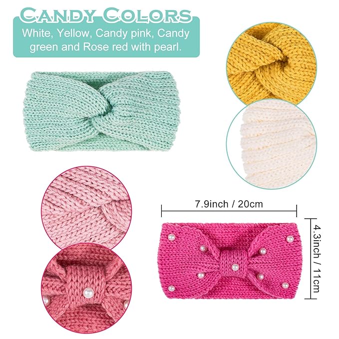 Whaline 5 Pieces Knit Headbands Winter Ear Warmers, 4 Elastic Turban Head Wraps and 1 Pearl Crochet Hair Band, Hair Scrunchies Scarves for Women Girls (Candy Colors)