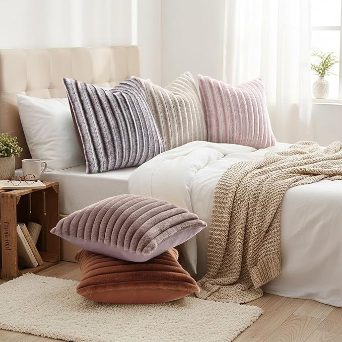 decorUhome Fall Faux Fur Throw Pillow Covers 24x24 Set of 2 Brown | Decorative Soft Cozy Striped Plush Modern Farmhouse Boho Couch Pillow Cases Velvet Back for Sofa Bed Living Room Home Decor