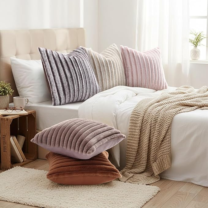 decorUhome Fall Faux Fur Throw Pillow Covers 16x16 Set of 2 Brown | Decorative Soft Cozy Striped Plush Modern Farmhouse Boho Couch Pillow Cases Velvet Back for Sofa Bed Living Room Home Decor
