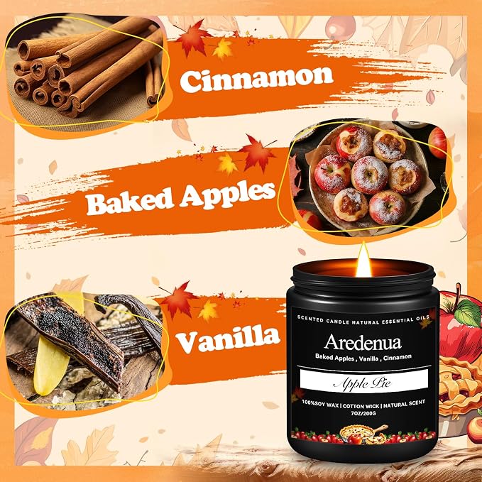 Fall Candle | Apple Pie Scented Candle - Autumn Seasonal Candles for Fall - 7oz Soy Candles for Home Scented, Thanksgiving Halloween Holiday Gift for Home - 50 Hours Long Burning -Black Jar