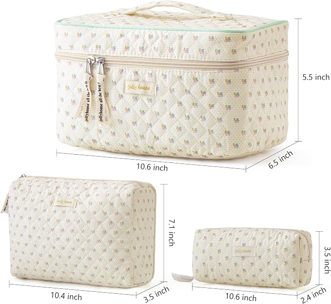 HBselect Quilted Makeup Bag, 3PCS Cotton Large Travel Makeup Bag, Cute Floral Coquette Make up Bag Cosmetic Bag Toiletry Bag for Women Girls
