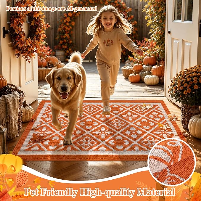 Ileading Fall Indoor Door Mat Washable Orange Muddy Mats for Dogs 2x3ft