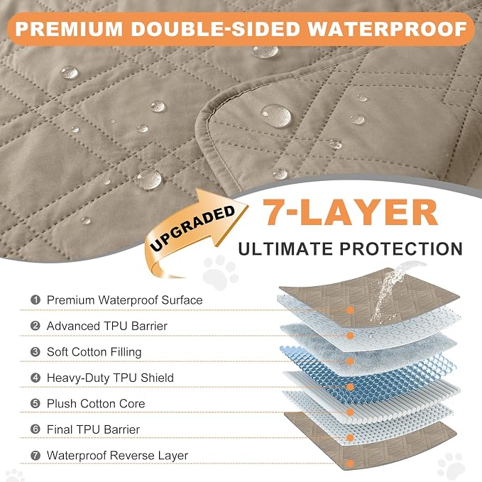 100% Waterproof Washable Dog Blanket，Khaki+Khaki， 42"x50" | ,7-Layer Reversible Couch Covers for Dogs Met for Sofa Furniture Car Camping