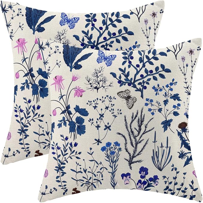 AEIOAE Summer Pillow Covers 18x18 Inch Set of 2,Navy Blue Wild Flower Plant Throw Pillows Case,Seasonal Floral Outdoor Decorative Square Linen Farmhouse Decor Cushion Covers for Home Sofa Bed Couch