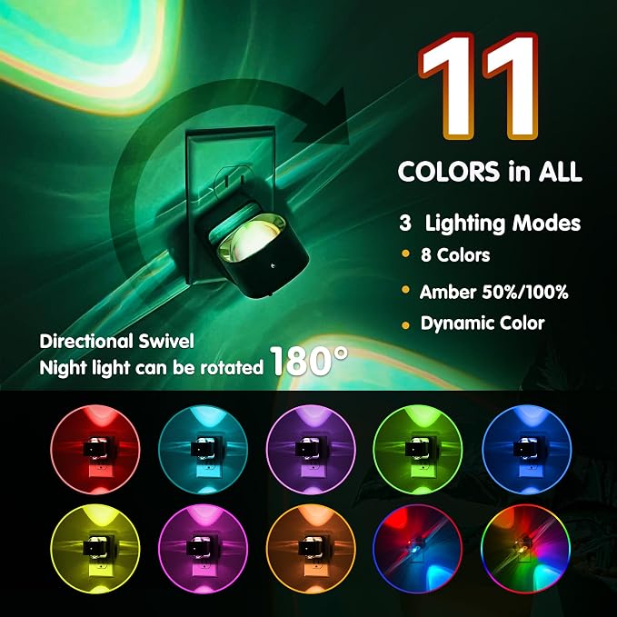 L LOHAS LED Night Light Projector, Color Changing Plug in Night Light RGB | 2 Pack Dusk to Dawn Sensor Night Lights, Rotating Nightlight, Ambient Lighting for Bathroom, Gaming Room, Decor, Gifts