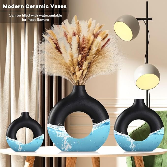 Black Ceramic Vases -for Modern Home Decor,Black Round Vase Set 3 Matte Design Minimalist Nordic Boho Style for Wedding Dinner Table Living Room Office Bedroom, Decorative Gift