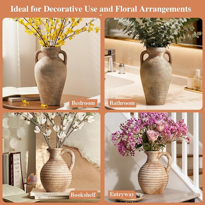 Ceramic Vase with Handles,11 inch Tall Brown Terracotta Vase | Handcrafted Rustic Farmhouse Style,Decorative Pottery Clay Vase,Home Decor,Table Centerpiece