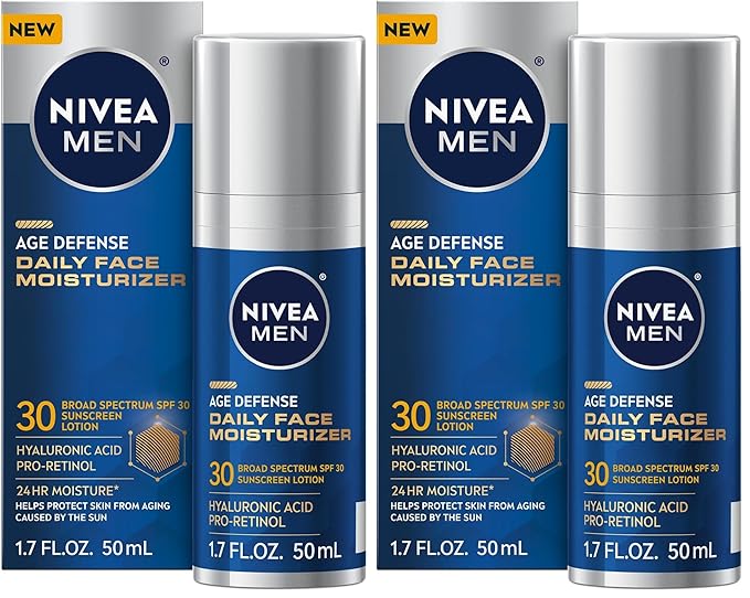 NIVEA MEN Age Defense Daily Face Moisturizer with Broad Spectrum SPF 30 Sunscreen, Pro-Retinol and Hyaluronic Acid, Beard-Friendly Face Lotion Helps Defend Against UVA/UVB Rays, 1.7 Fl Oz,(Pack of 2)