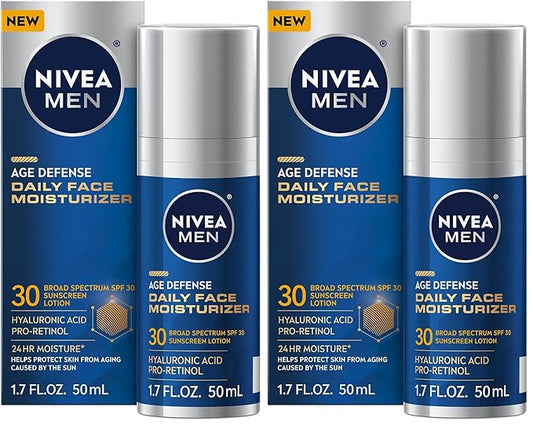 NIVEA MEN Age Defense Daily Face Moisturizer with Broad Spectrum SPF 30 Sunscreen, Pro-Retinol and Hyaluronic Acid, Beard-Friendly Face Lotion Helps Defend Against UVA/UVB Rays, 1.7 Fl Oz,(Pack of 2)