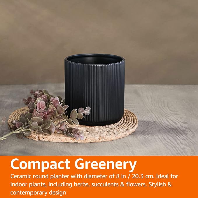 Amazon Basics Fluted Ceramic Planter Pot for Indoor Outdoor Plants, Round Flower Pot with Drainage Hole, 8-inch, Black