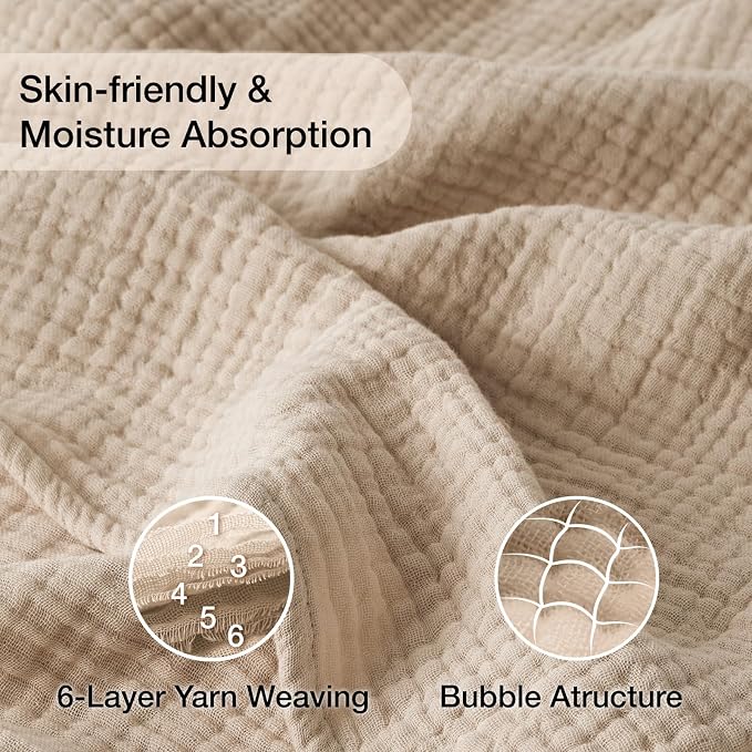 100% Cotton King Size Blankets for Bed 108" x 90", 6 Layers Cooling and Soft Muslin Throw Blanket, Lightweight Quilt Bedspread Coverlet, Gauze Blanket for Adults All Season, Linen Beige