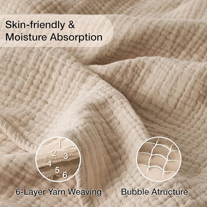 100% Cotton Muslin Blanket 50" x 60", Breathable and Lightweight Cotton Throw Blankets for Couch, Soft Cooling Summer Gauze Blanket for Adults All Season, Beige