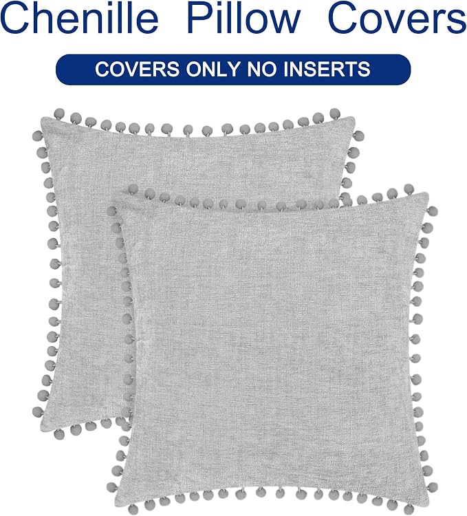 CaliTime Decorative Couch Throw Pillow Covers 20 X 20 Inches Moonbeam Gray | Pack of 2, Cozy Chenille Cushion Cases, with Pom Poms for Sofa Bed Living Room Farmhouse Home