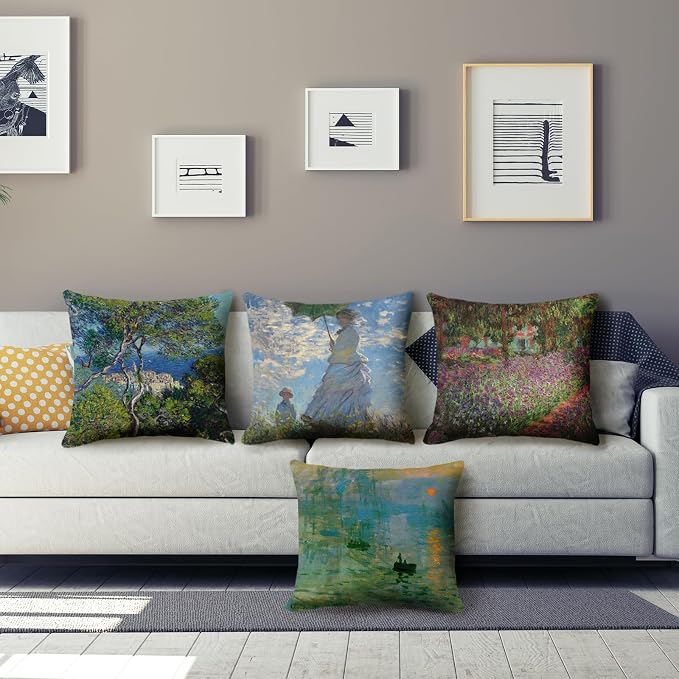 Claude Monet Painting Throw Pillow Covers 18x18 inches Set of 4 Sunrise The Impression Art Painting Pillow Cases Square Decorative Cushion Covers for Sofa Couch Car