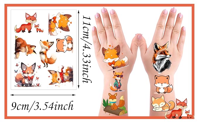 168PCS Fox Tattoos Temporary Stickers Cute Animal Halloween Safari Jungle Birthday Party Supplies Decoration Favors Goodie Bag Stuffers Tattoo
