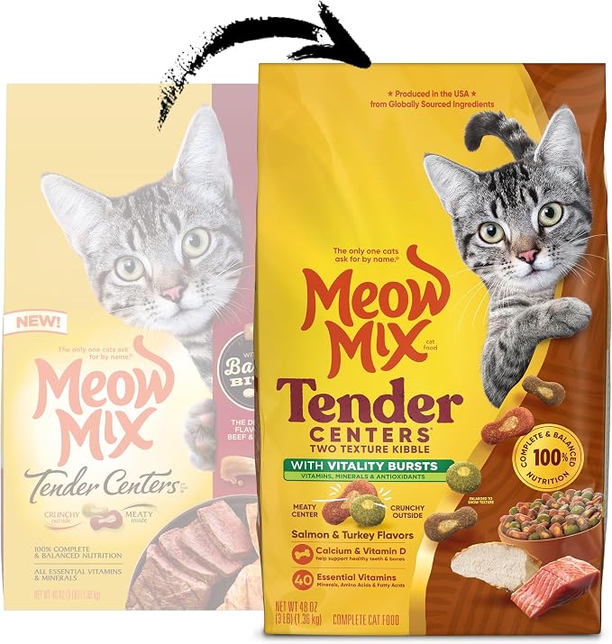 Meow Mix Tender Centers, Dry Cat Food, Salmon & Turkey Flavors, 4 Bags | 3-lb bags, two texture kibble with vitality bursts, meaty center surrounded by a crunchy outer layer