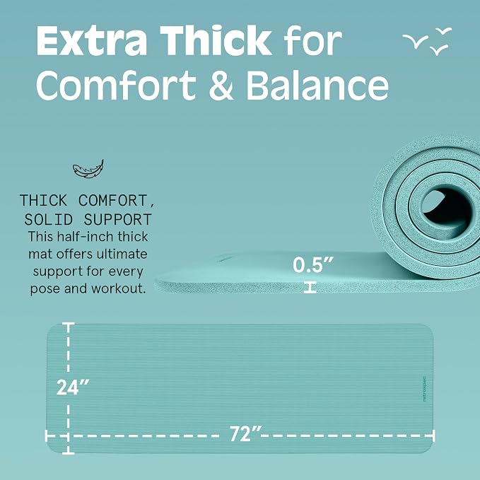 Retrospec Solana Yoga Mat Thick 1/2in Non-Slip Workout Mat with Nylon Strap - 72x24in Exercise Mat for Pilates, Stretching & Fitness - BPA Free, Easy Clean