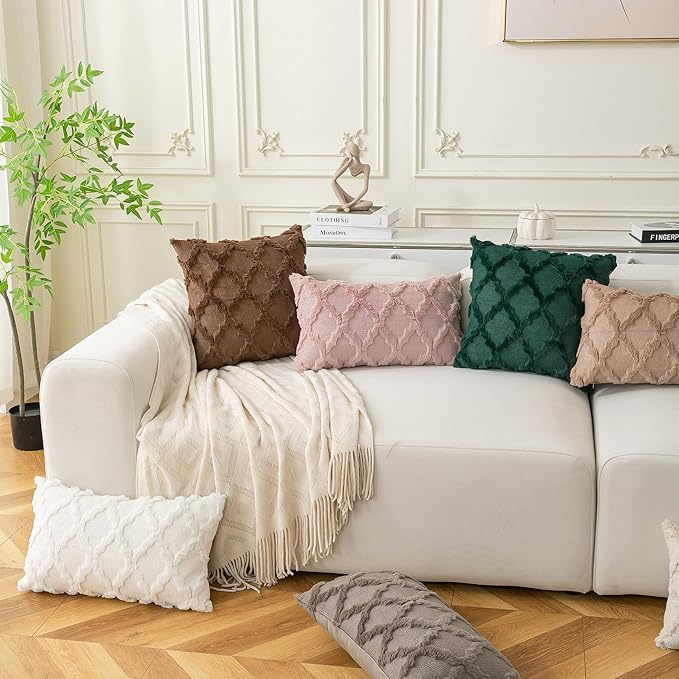 Set of 2 Soft Moroccan Throw Pillow Covers 18x18 Inch Plush Boho Decorative Pillow Cover Accent Cushion Case for Couch Sofa Bed, Deep Brown