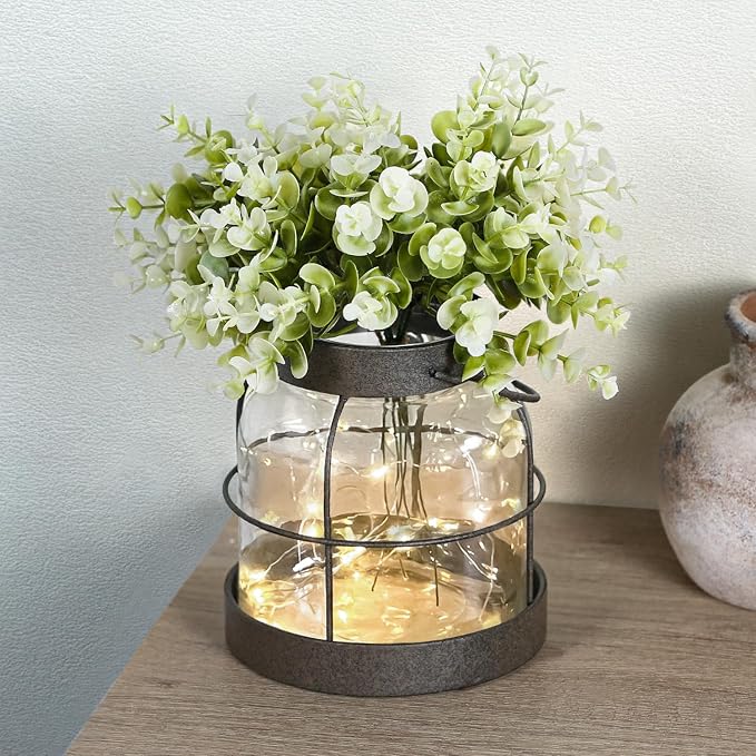 Dnnnii Vintage Glass Farmhouse Vase - Handmade Rustic Lantern Planter with Bonus Artificial Flowers & LED Lights (Home Decor Centerpiece), Farmhouse Wedding/Easter Decor, Housewarming Gift