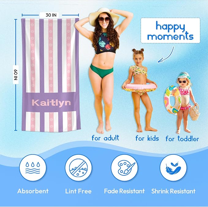 JML Custom Beach Towel with Name, Personalized Microfiber Beach Towel with Name, Large, Soft, Quick Dry & Absorbent for Swim, Pool,Adult,Summer Holiday,Vacation,Travel,Gift for Anniversary, Birthday