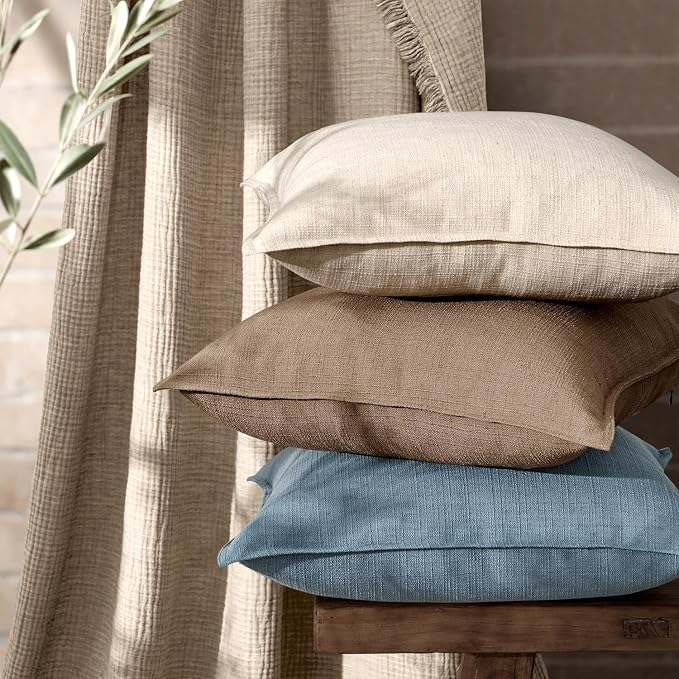 MIULEE Thick Textured Euro Sham Throw Pillow Covers 24x24 in Natural Linen | Set of 2, Decorative Linen Blend Pillow Cover, Flange Edge Design, Farmhouse Modern Boho Style, Bed Couch Living Room Decor