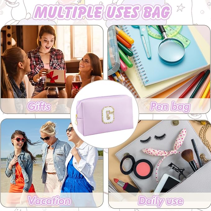 URSKYTOUS Gifts for Girls Initial Makeup Bag Personalized Cosmetic Bag with Zipper Cute Travel Toiletry Bag Waterproof PU Preppy Makeup Pouch Birthday Gift for Teen Girls Women(Purple G)