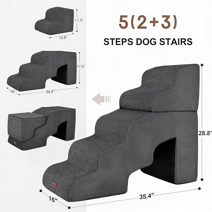 Garnpet Dog Stairs for Bed with Tunnel, 5-Step Dog Steps for Small Dogs and Cats, Non-Slip Indoor Pet Stair for Couch and Sofa, Dark Grey