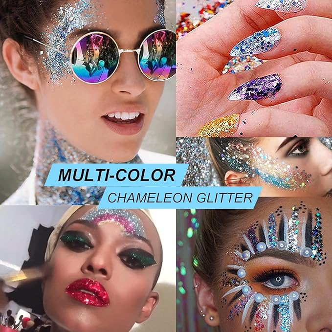 Cool Black Face Body Hair Glitter Gel for Halloween Party Festival Rave Accessories, Long Lasting Shimmer Holographic Chunky Mermaid Sequin Sparkling Paint Makeup for Women Kids, 1oz