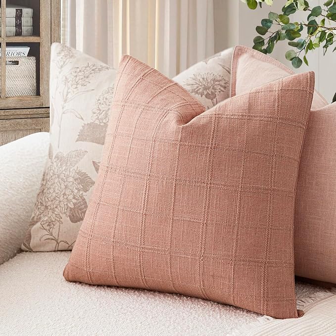 Foindtower Set of 2 Decorative Linen Check Throw Pillow Covers Neutral Farmhouse Vintage Cushion Covers Modern Boho Accent Home Decor for Sofa Chair Couch Bedroom Living Room,18×18 Inch,Coral Pink