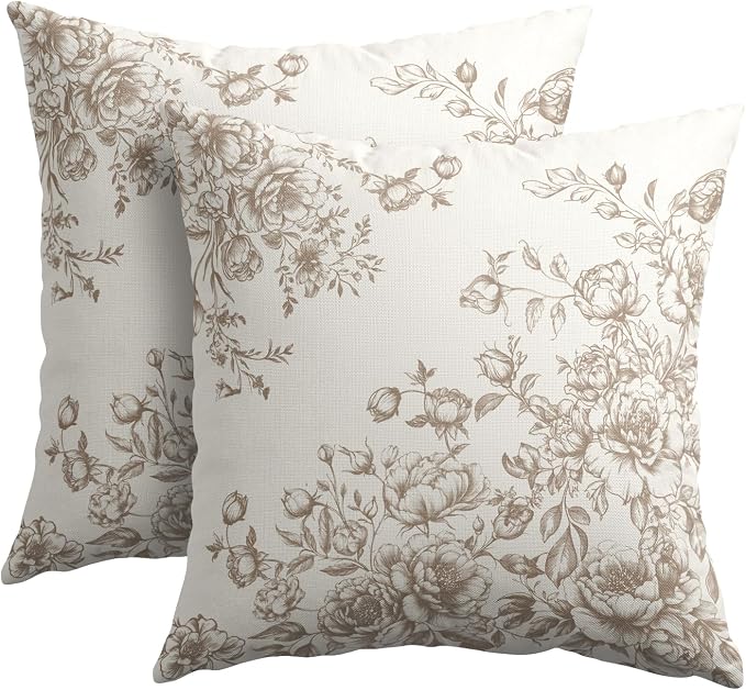 Kawani Chinoiserie Flowers Throw Pillow Covers 16x16 Set of 2 Tan and Cream Vintage Floral Farmhouse Square Pillowcase Cotton Linen Cushion Case for Couch Sofa Bed Living Room Outdoor Home Decor