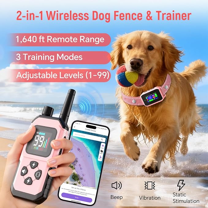 GPS Wireless Dog Fence & Remote Training Collar, Free APP Control, No Subscription Fee, Adjustable GPS Boundary, Pink, Dogs 10-120 lbs