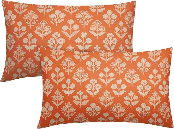 Orange Pillow Covers 12x20 Inch Set of 2, Cream Floral Block Print Pattern Lumbar Decorative Throw Pillowcases Outdoor Farmhouse Rectangle Cushion Covers Spring Summer Sofa Couch Bed Decor