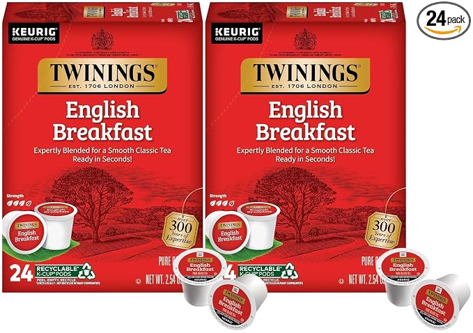 Twinings English Breakfast Tea Single Serve K-Cup Pods for Keurig, Caffeinated, Smooth, Flavourful, Robust Black Tea, 24 Count (Pack of 2)