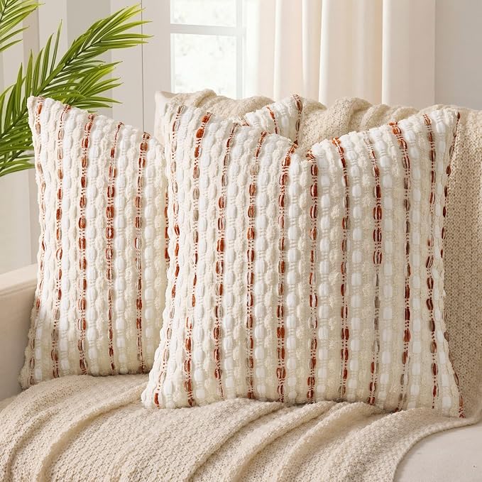 ANRODUO Boho Decorative Throw Pillow Covers Cream Rust 20x20 Inch Set of 2 | Chenille Tufted Pillow Covers, Woven Throw Pillow Covers with Raised Stripes, Neutral Pillowcase for Couch Sofa Living Room