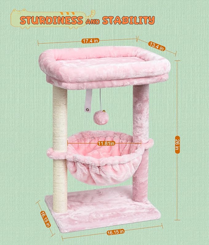 SYANDLVY Small Pink Cat Tree for Indoor Cats, Activity Tower for Kittens | Scratching Post, Modern Cat Furniture with Basket & Hanging Ball for Play Rest, Pink