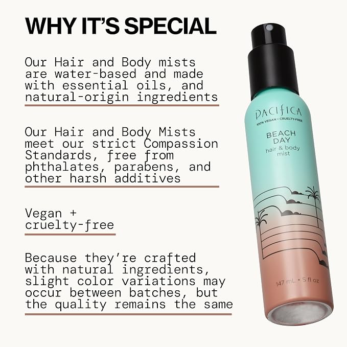 Pacifica Beach Day Hair Mist Perfume & Full Body Spray for Women - Body Mist Fragrance w/Bergamot, Orange Flower, Sandalwood, Amber, Musk & Suede Leather – Clean Beauty Alcohol-Free, Vegan 5 oz
