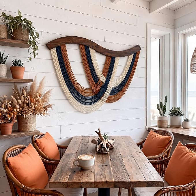 Mindsoft Terracotta Navy White Macrame Wall Hanging Dip Dyed Yarn Wall Art | Handmade Cotton Rope Tapestry for Bedroom, Living Room, Nursery, 31.5 x 23.6 Inch